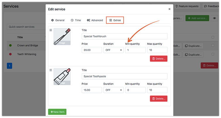 Ability to set min quantity for service extra