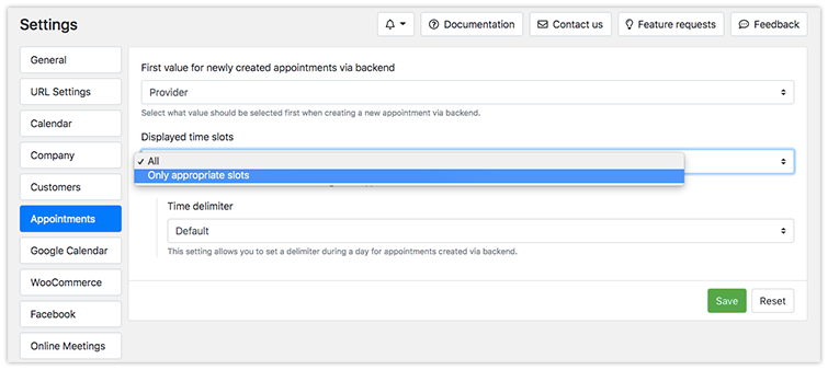 New settings for appointments created via backend