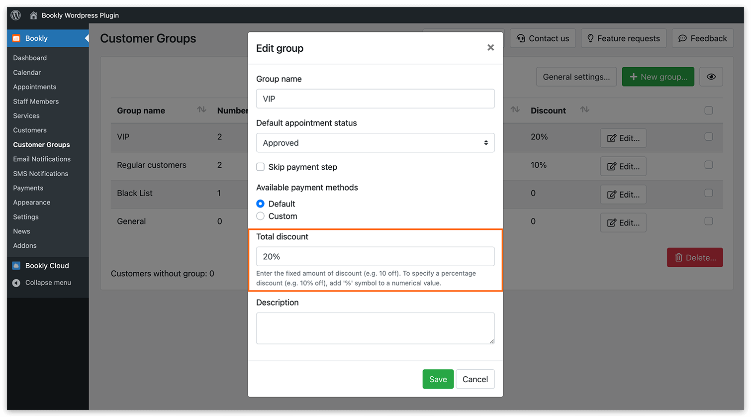 Bookly Customer Groups (Add-on) – settings