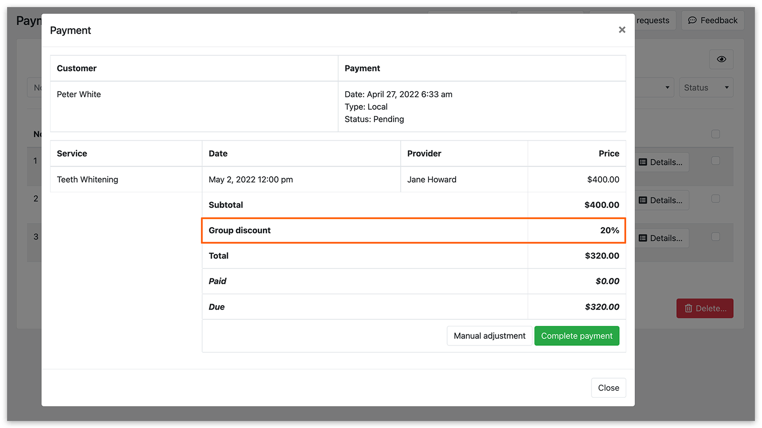 Group discount in payment details