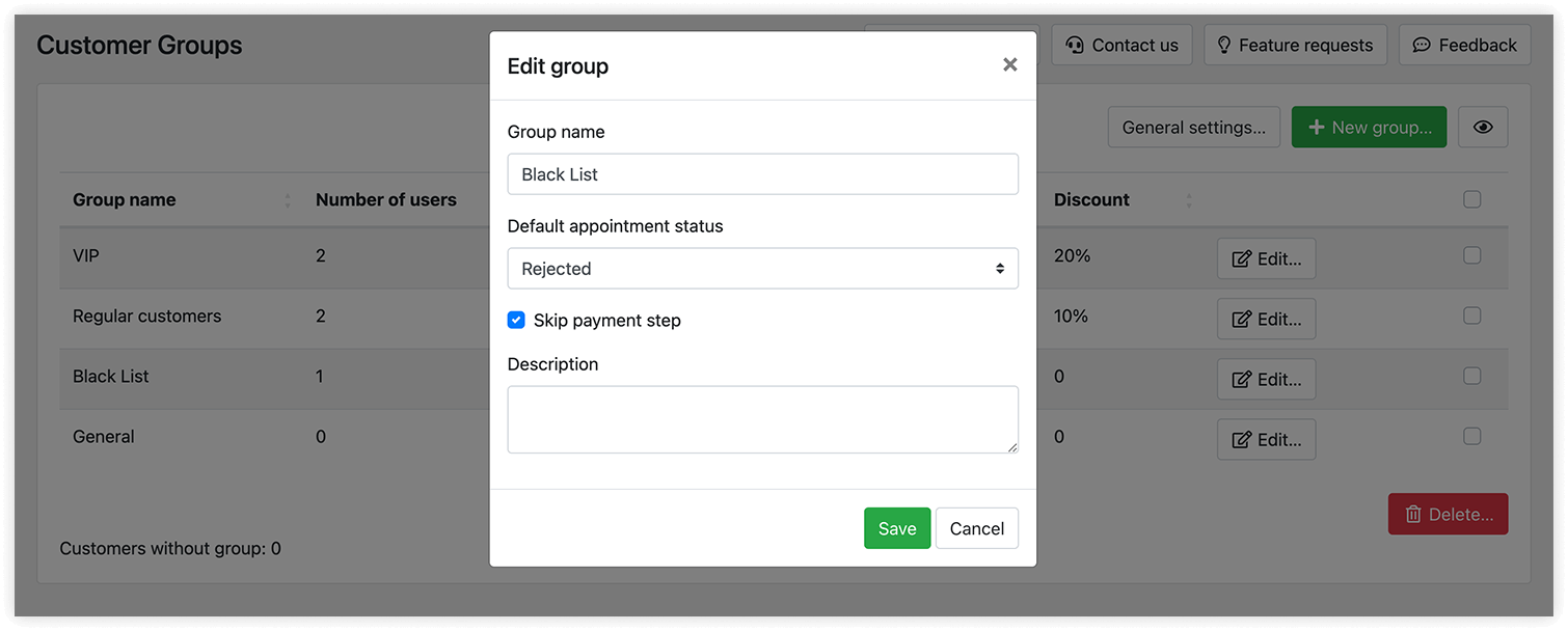 Bookly Customer Groups (Add-on) settings