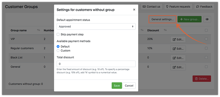 General settings for customers without group