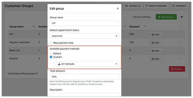Ability to select a payment method for a customer group