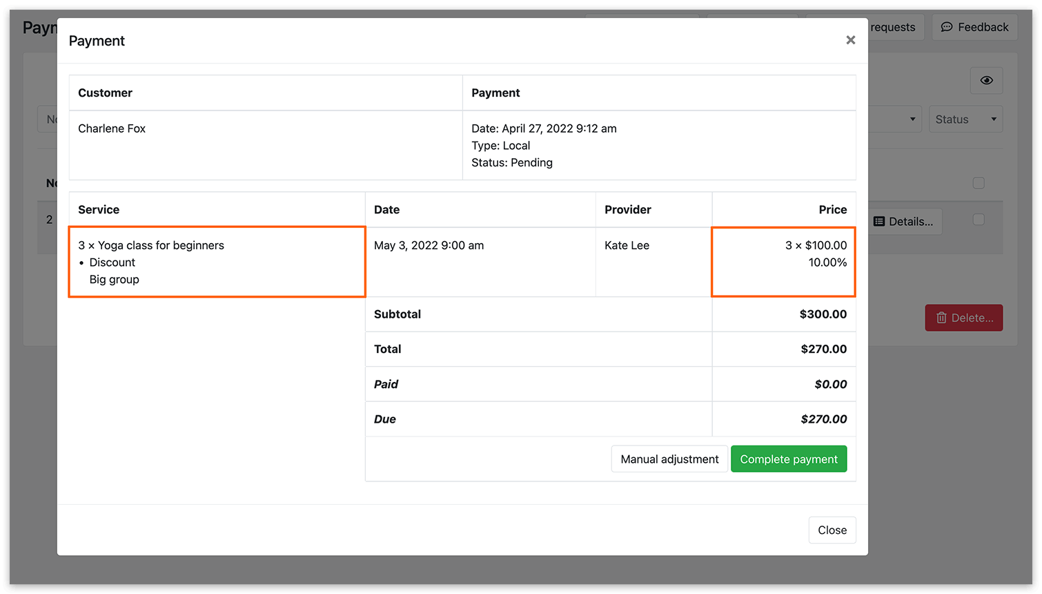 Payment details in Bookly