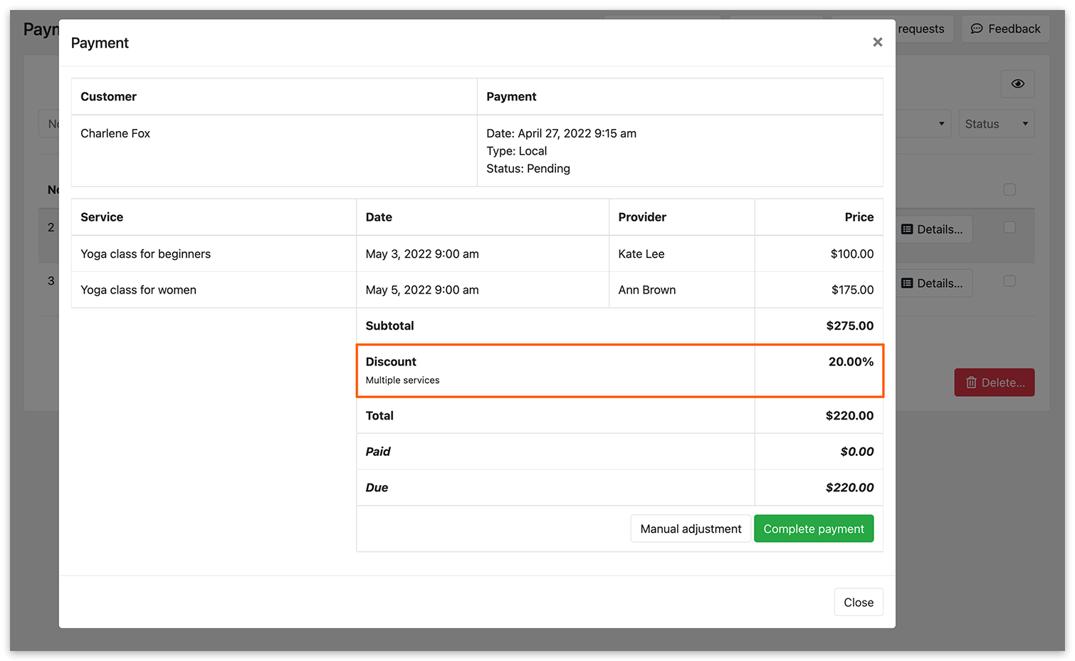Payment details in Bookly