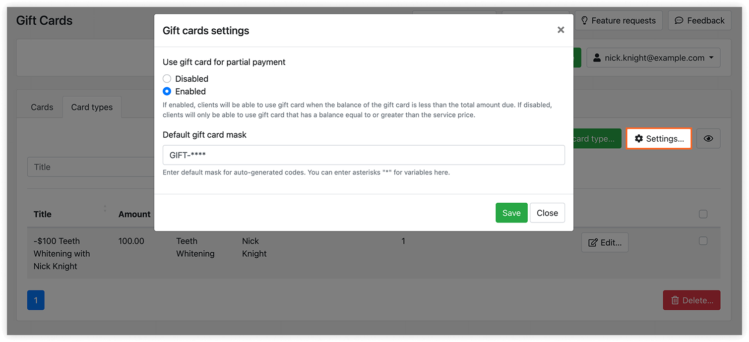 Gift Cards settings in Bookly