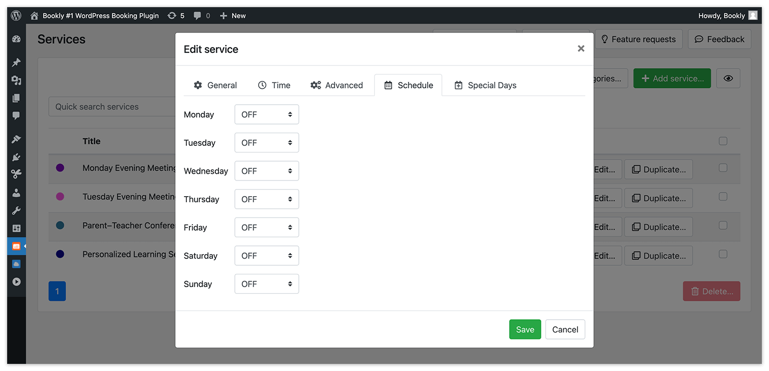 Service settings in Bookly