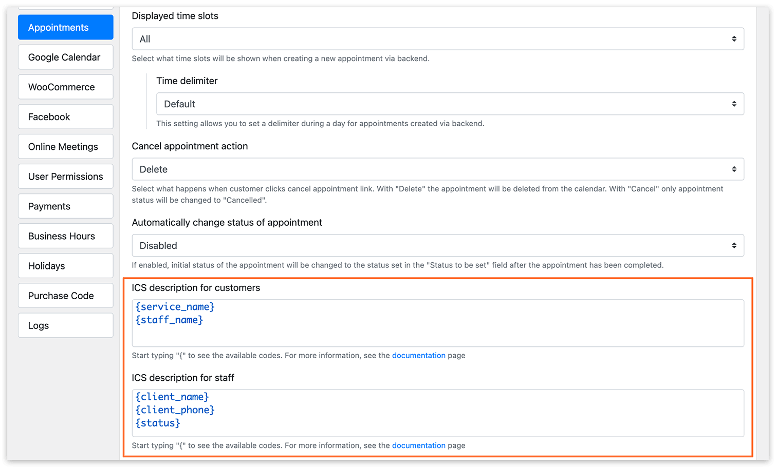 Customize ICS files description in Bookly