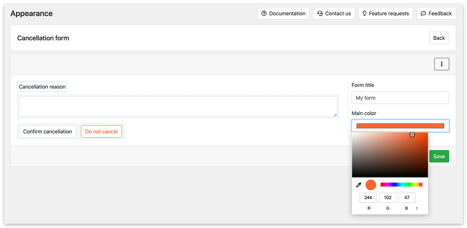 Cancellation form in the Appearance section