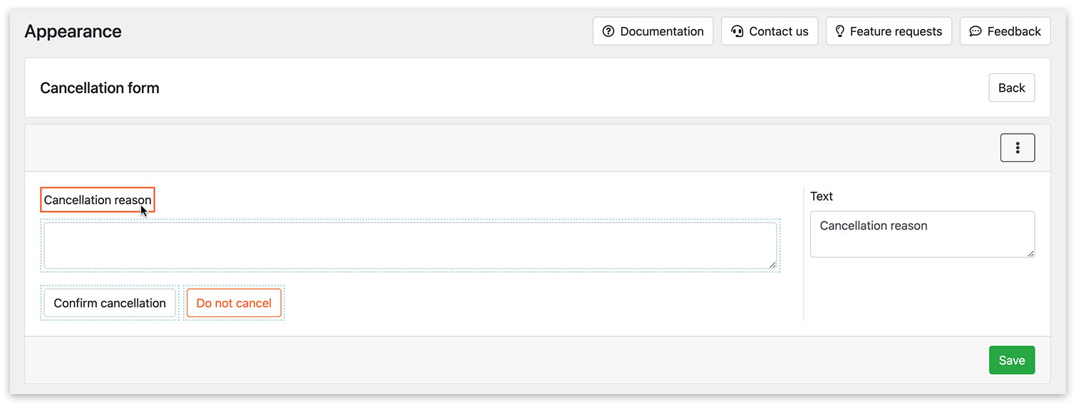 Cancellation form in the Appearance section