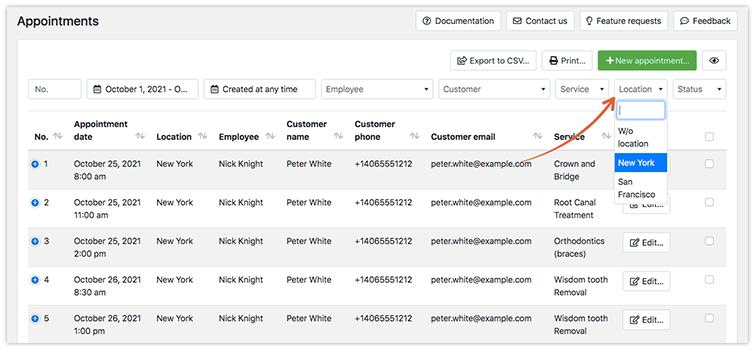 Filter by locations in Appointments