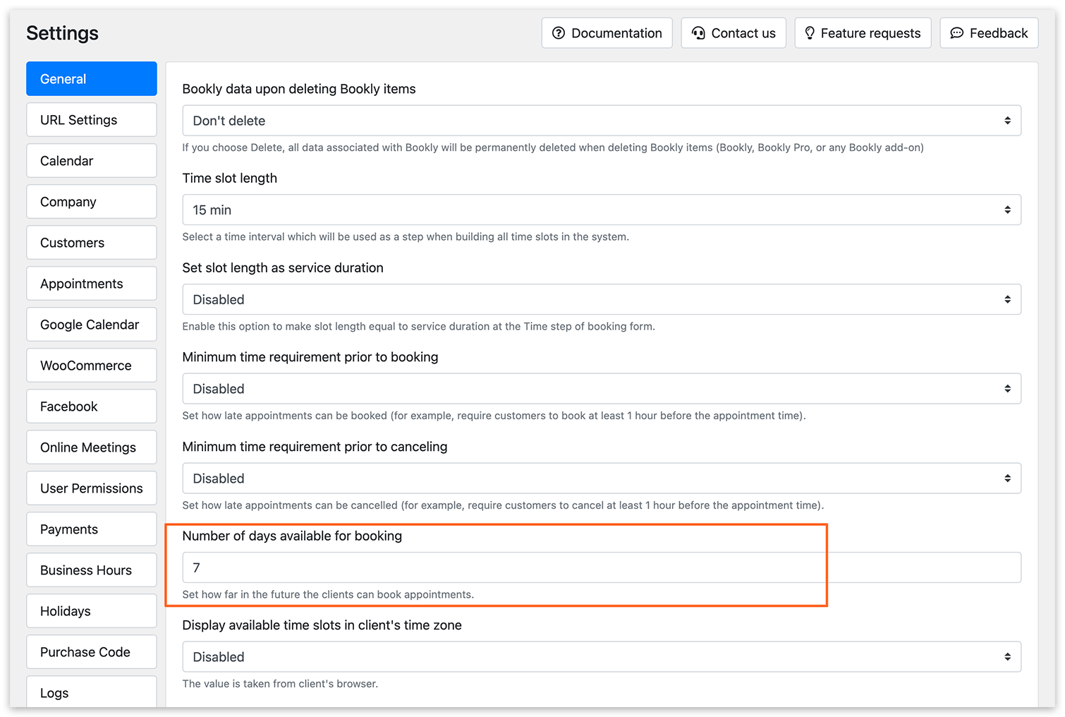 Number of days available for booking in Bookly settings