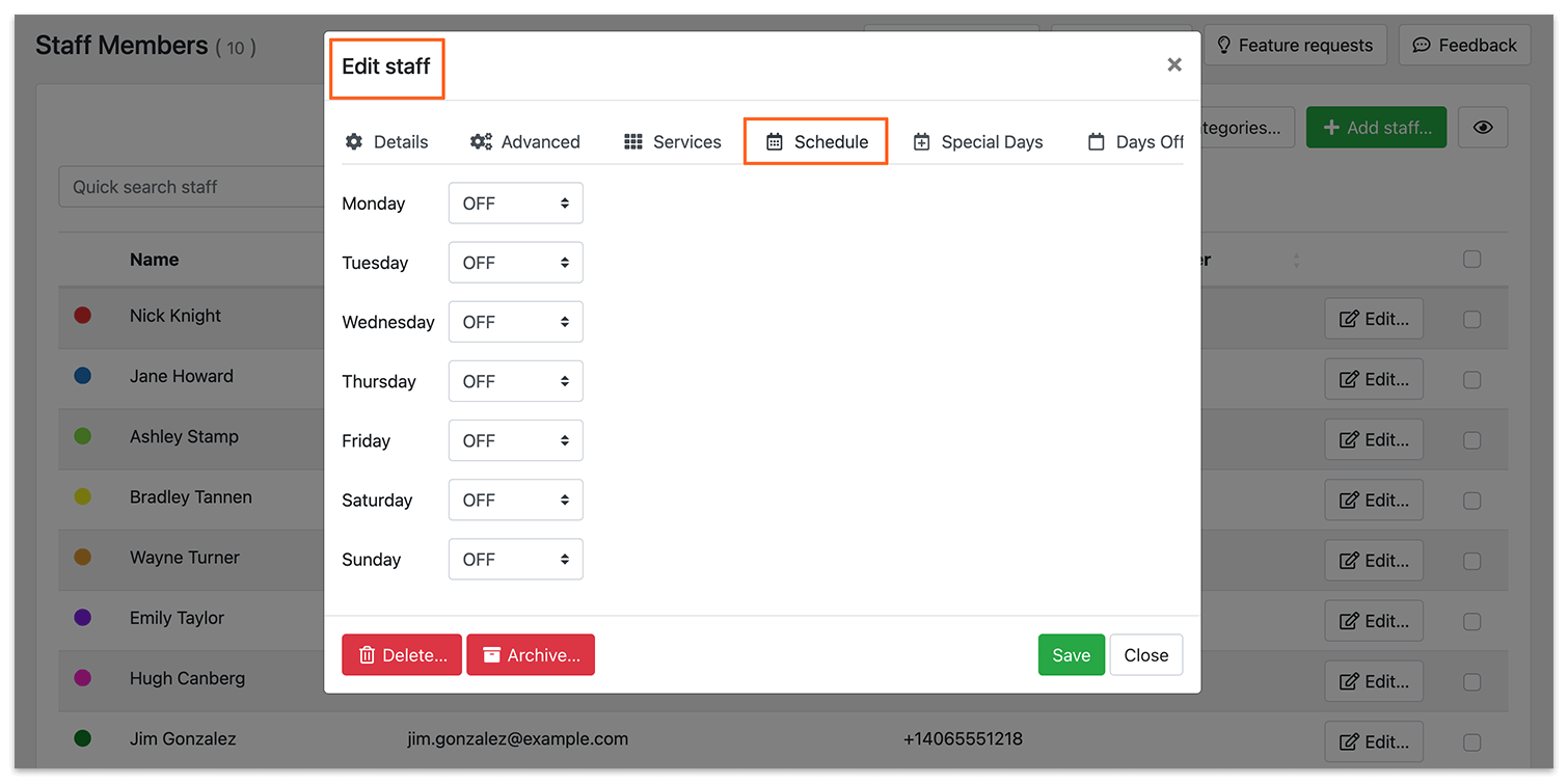 Disable staff entire schedule