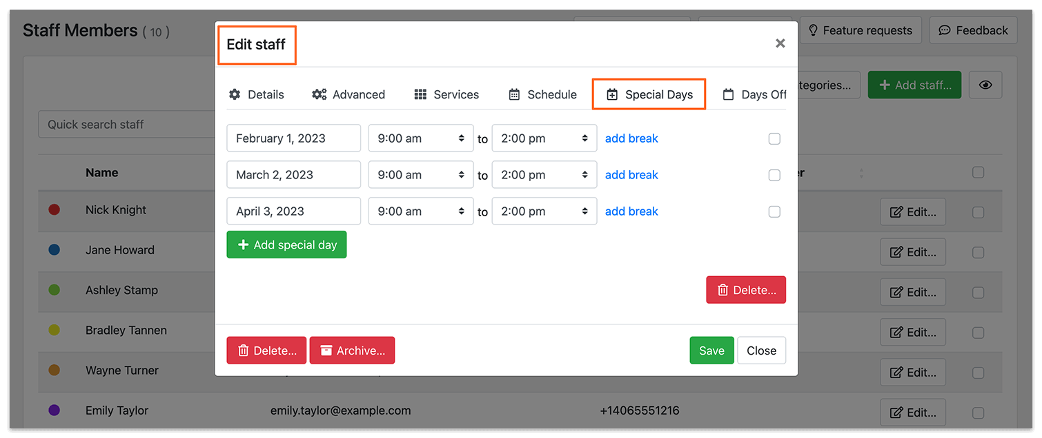 Switch to the Special Days tab and determine Nick Knight’s schedule only for particular days