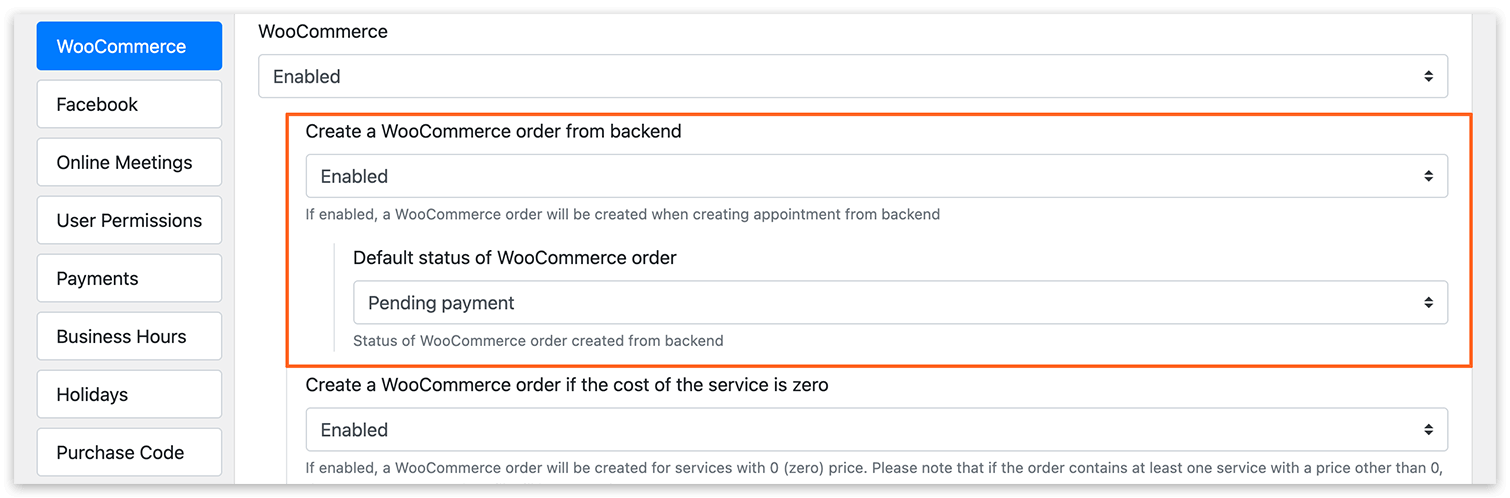 WooCommerce orders for backend bookings