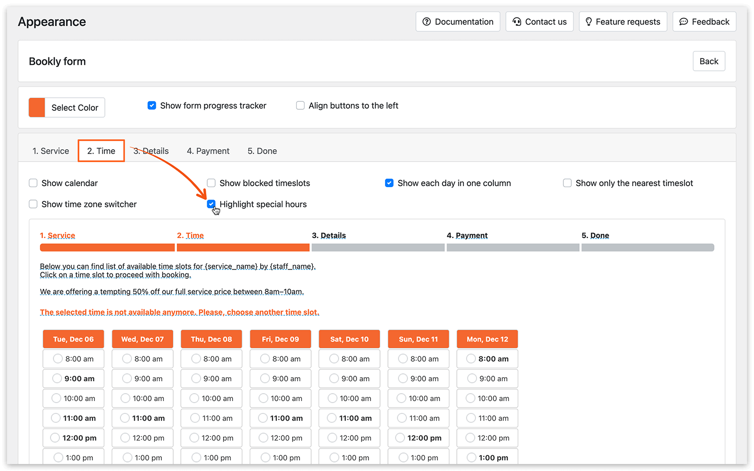 Bookly Special Hours (Add-on) settings