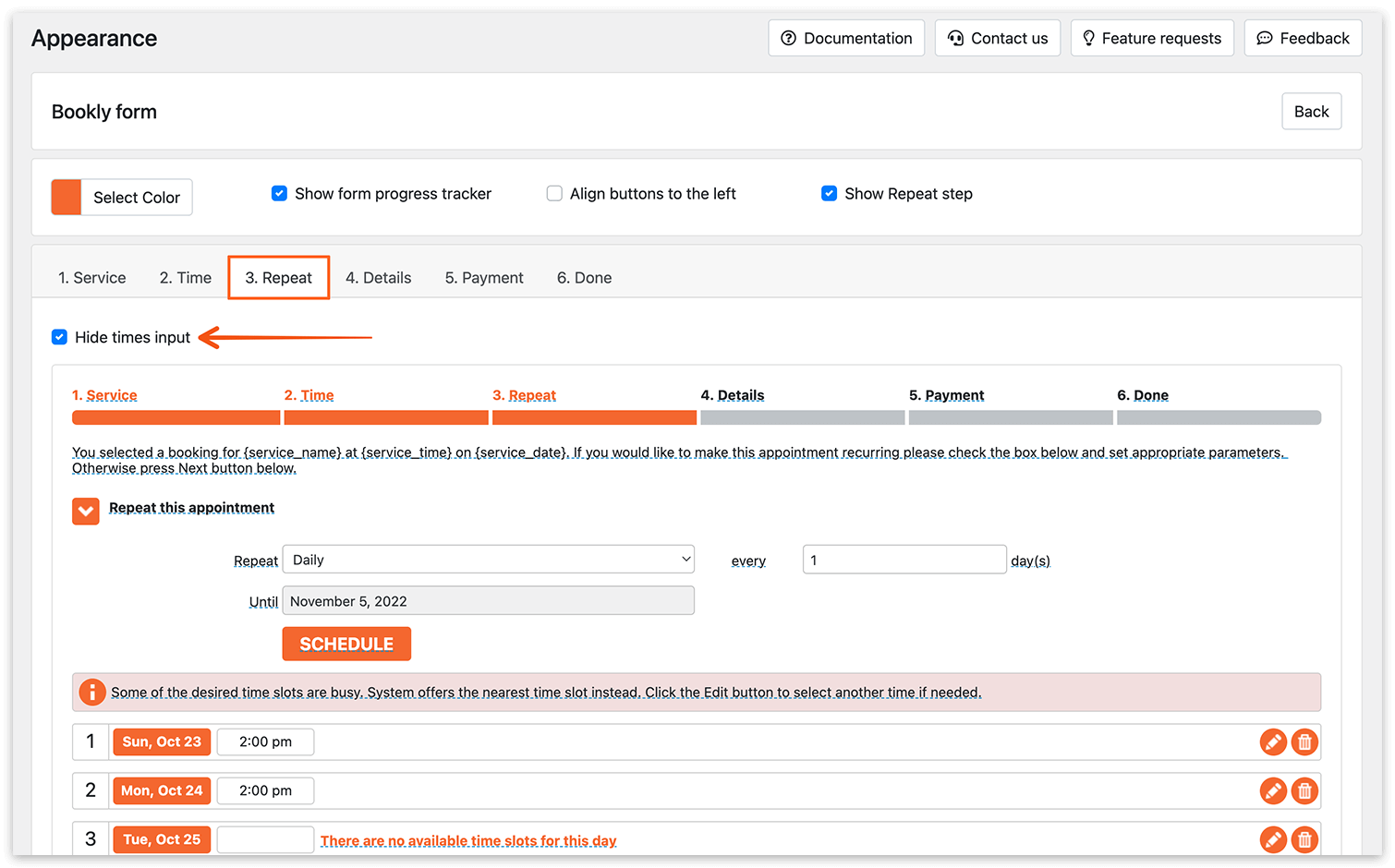 Hide times input for recurring appointments