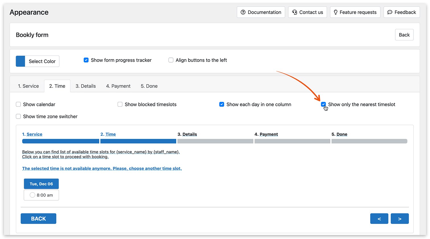 Display first available timeslot in the booking form – Appearance section