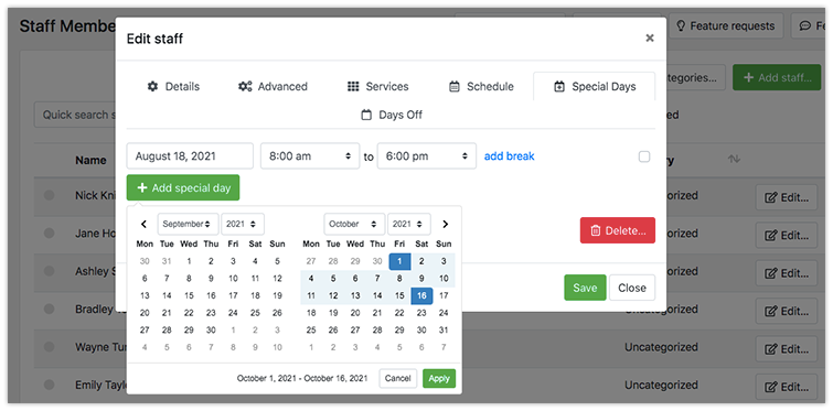 Ability to set a date range for special days