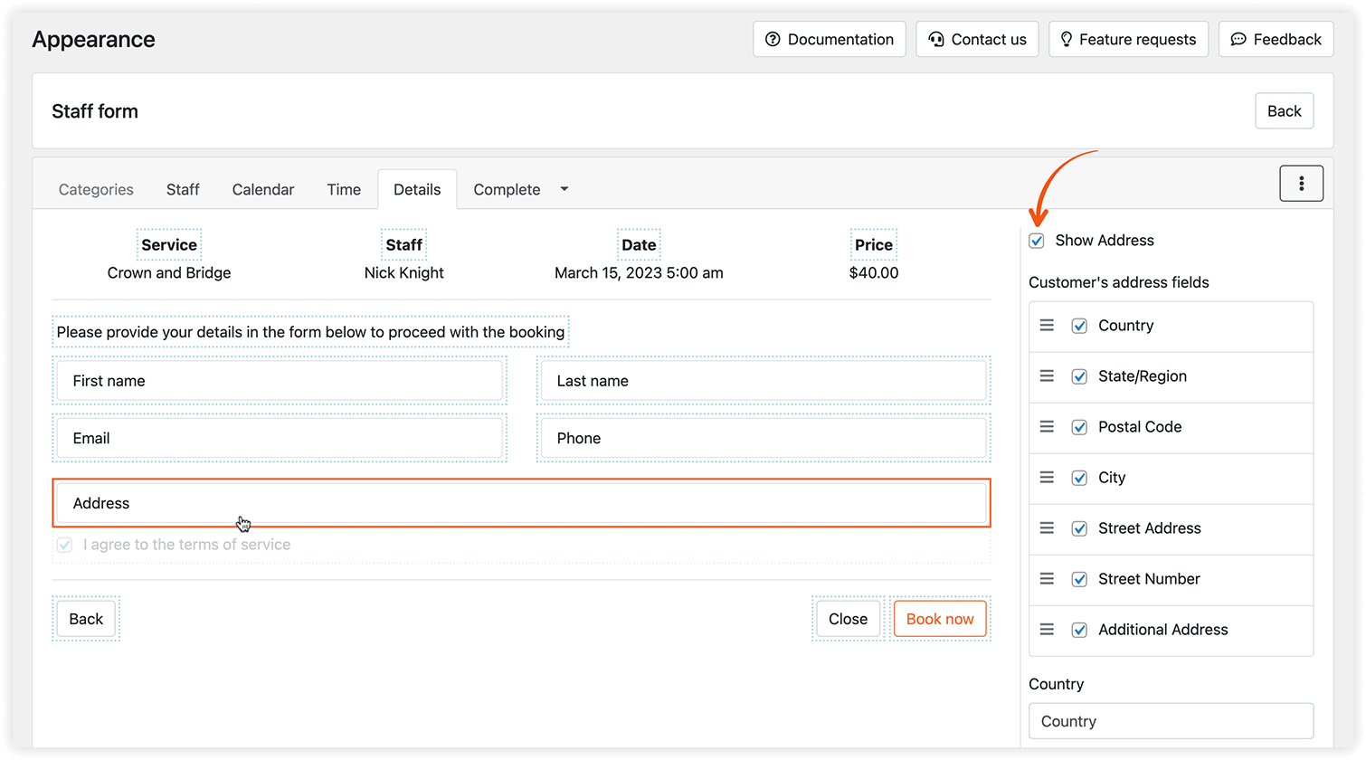 Address fields in Bookly modern forms