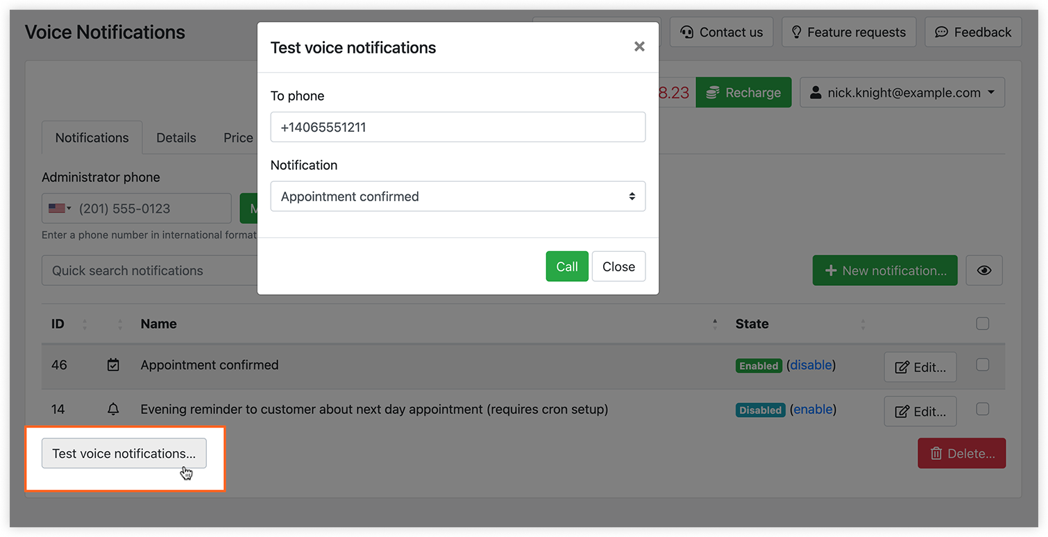 Voice notifications section in Bookly