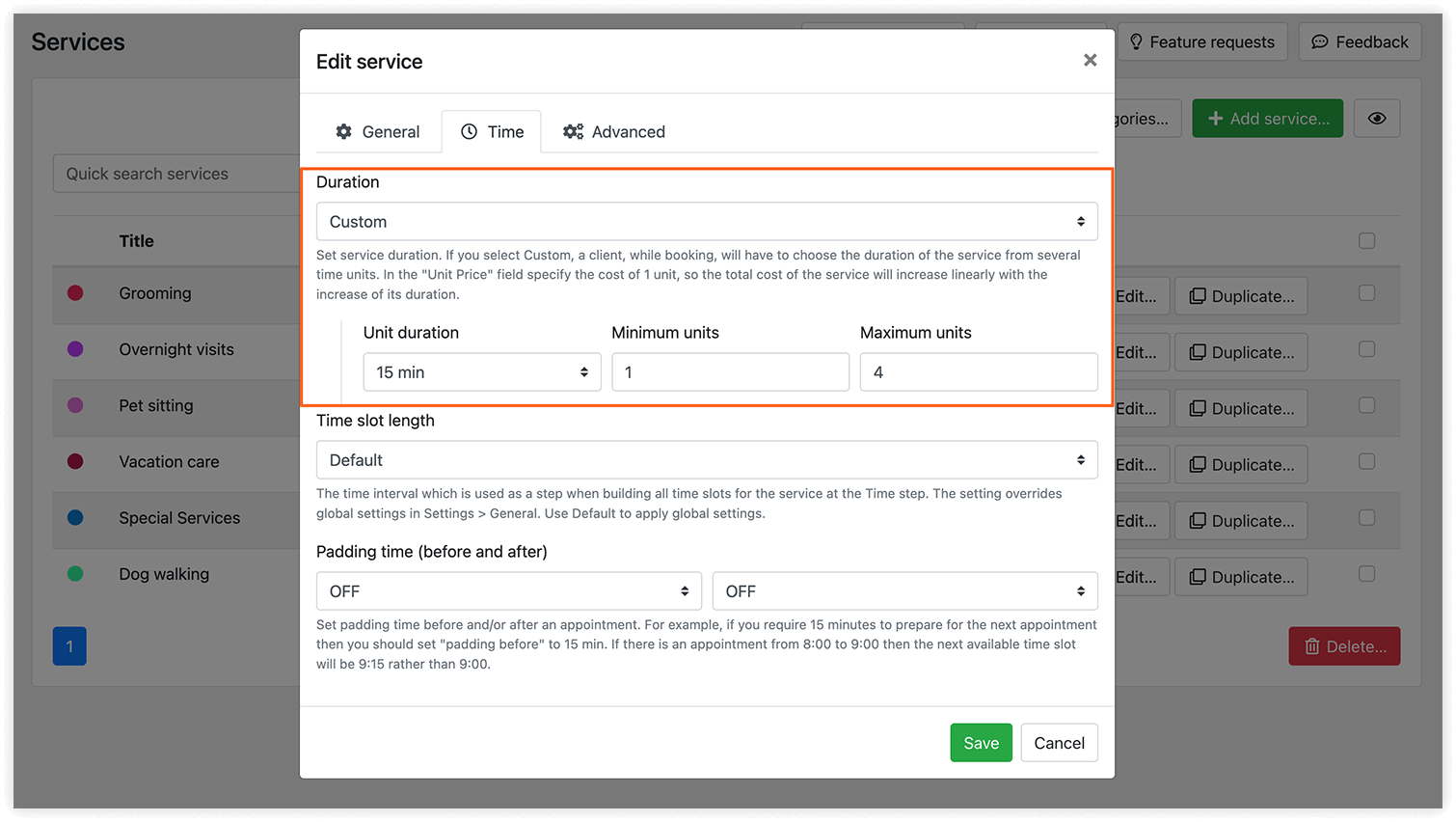 Bookly Custom Duration (Add-on) settings