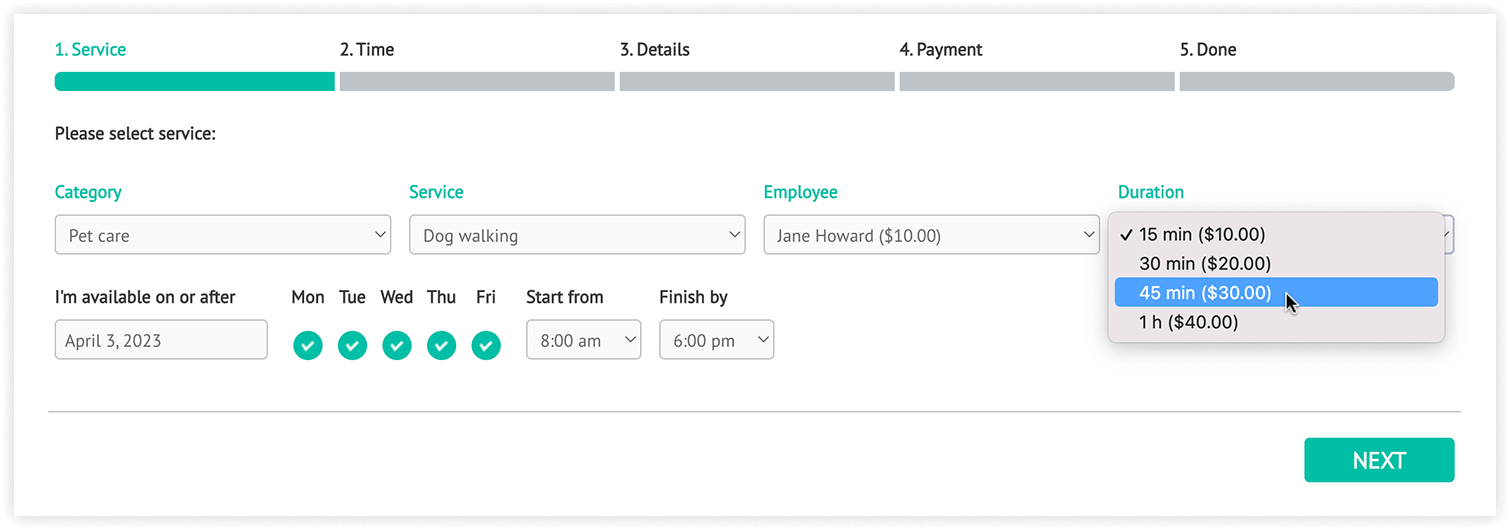 Bookly Custom Duration (Add-on) – front-end booking form