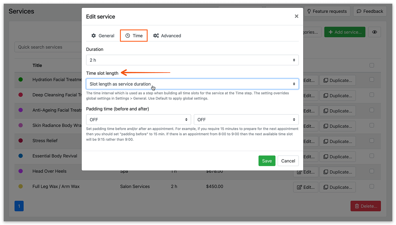 Set service duration as time slot length in Bookly