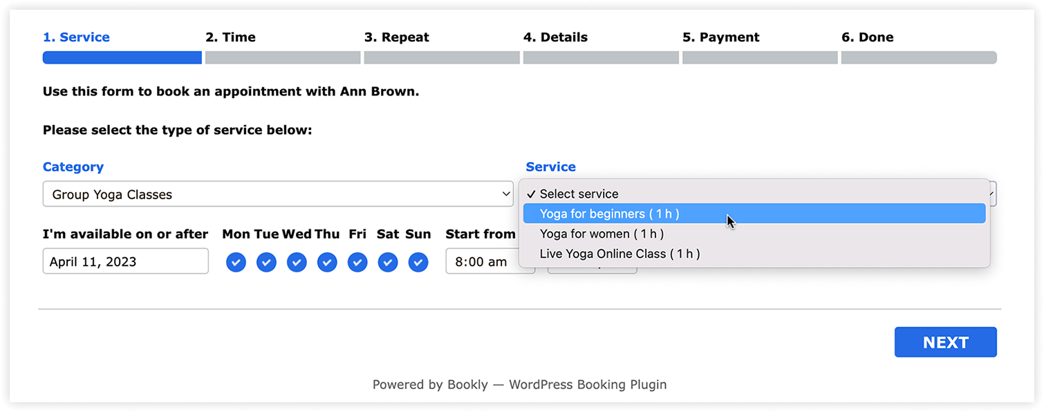 Bookly booking form – front end