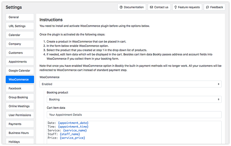 WooCommerce integration in Bookly PRO – settings