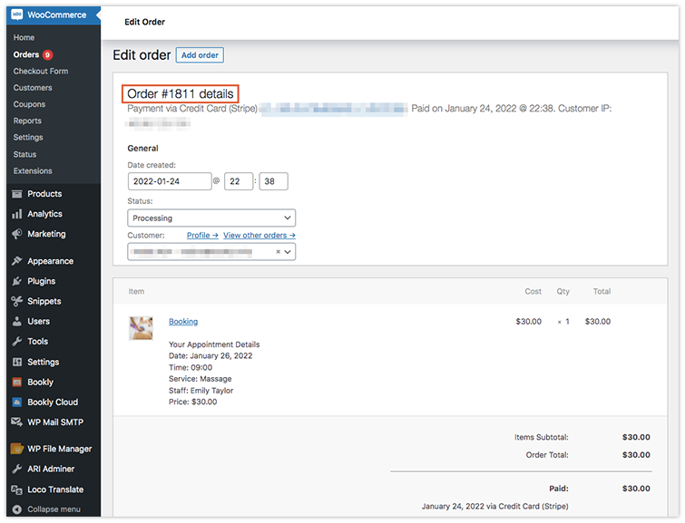 WooCommerce order details – backend