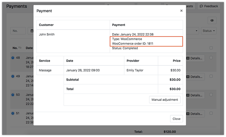 Payment details in Bookly backend