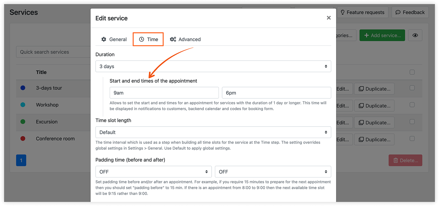 Service settings in Bookly