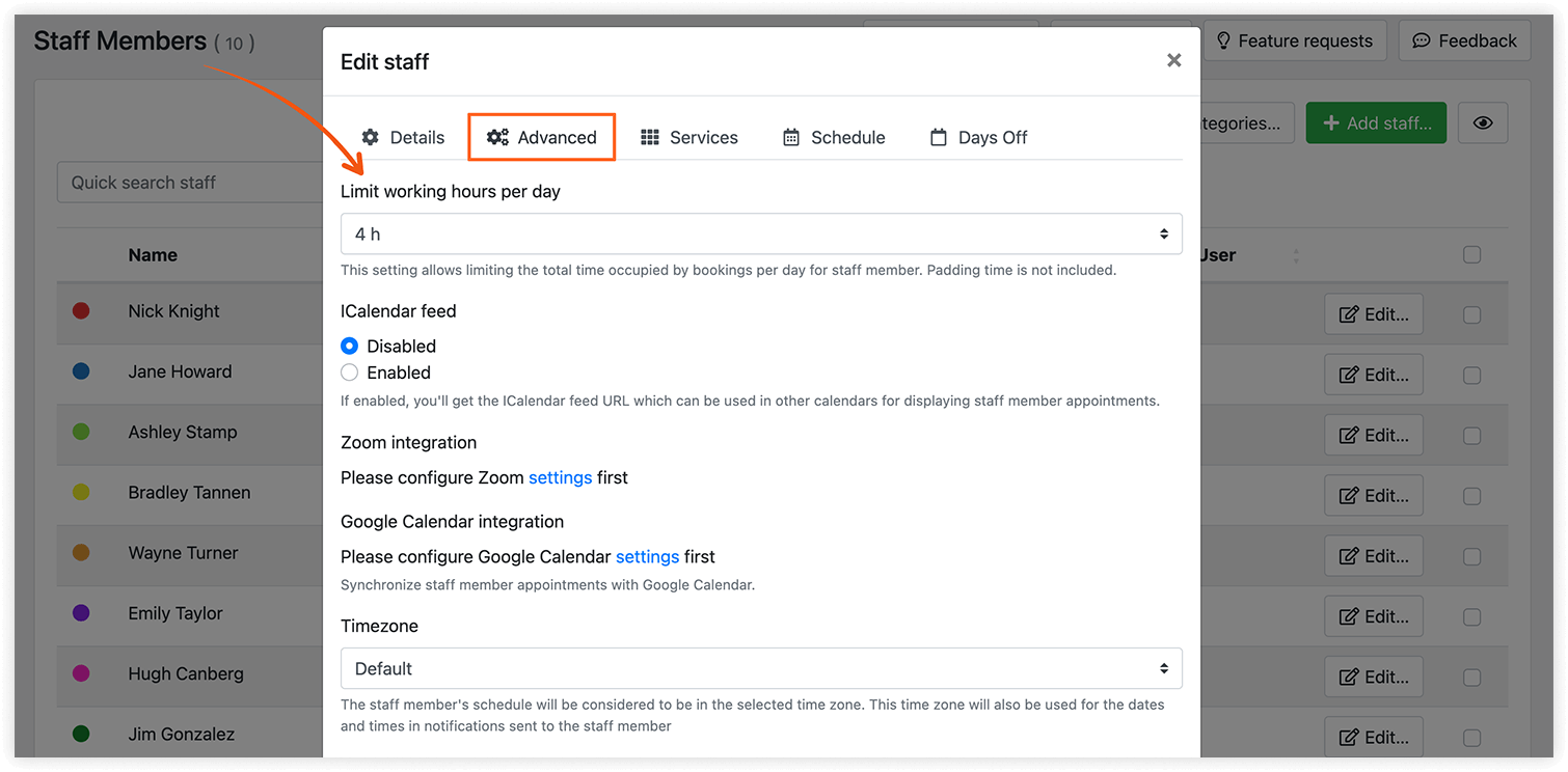 Staff member settings in Bookly