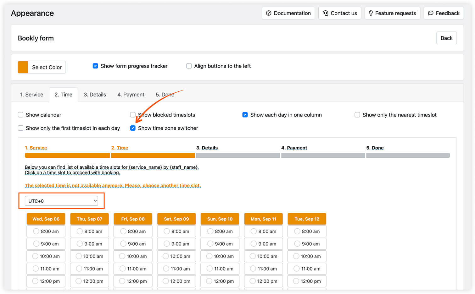 Time zone switcher in Bookly