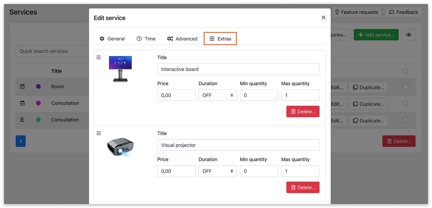 Create extras in Bookly