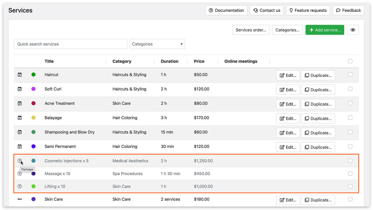 Inactive services in Bookly Services section