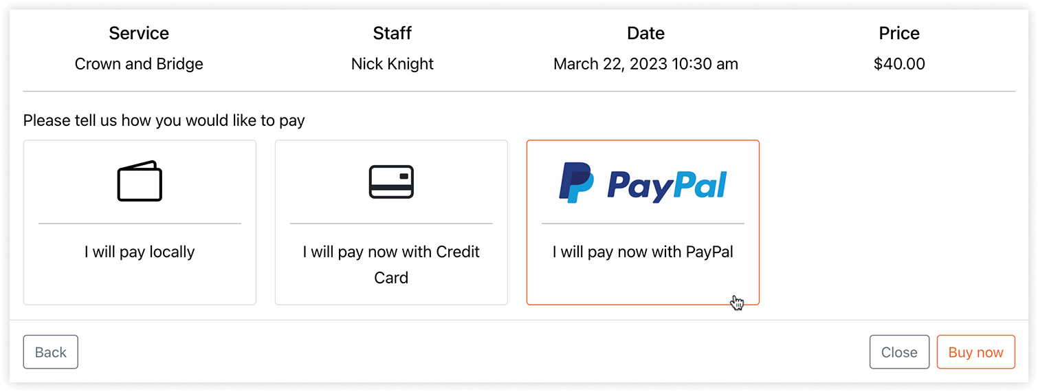 PayPal payment option in Bookly Search form