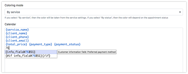 Customer information codes in calendar template