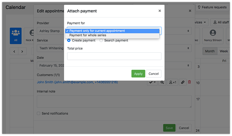 Separate payments for recurring appointments