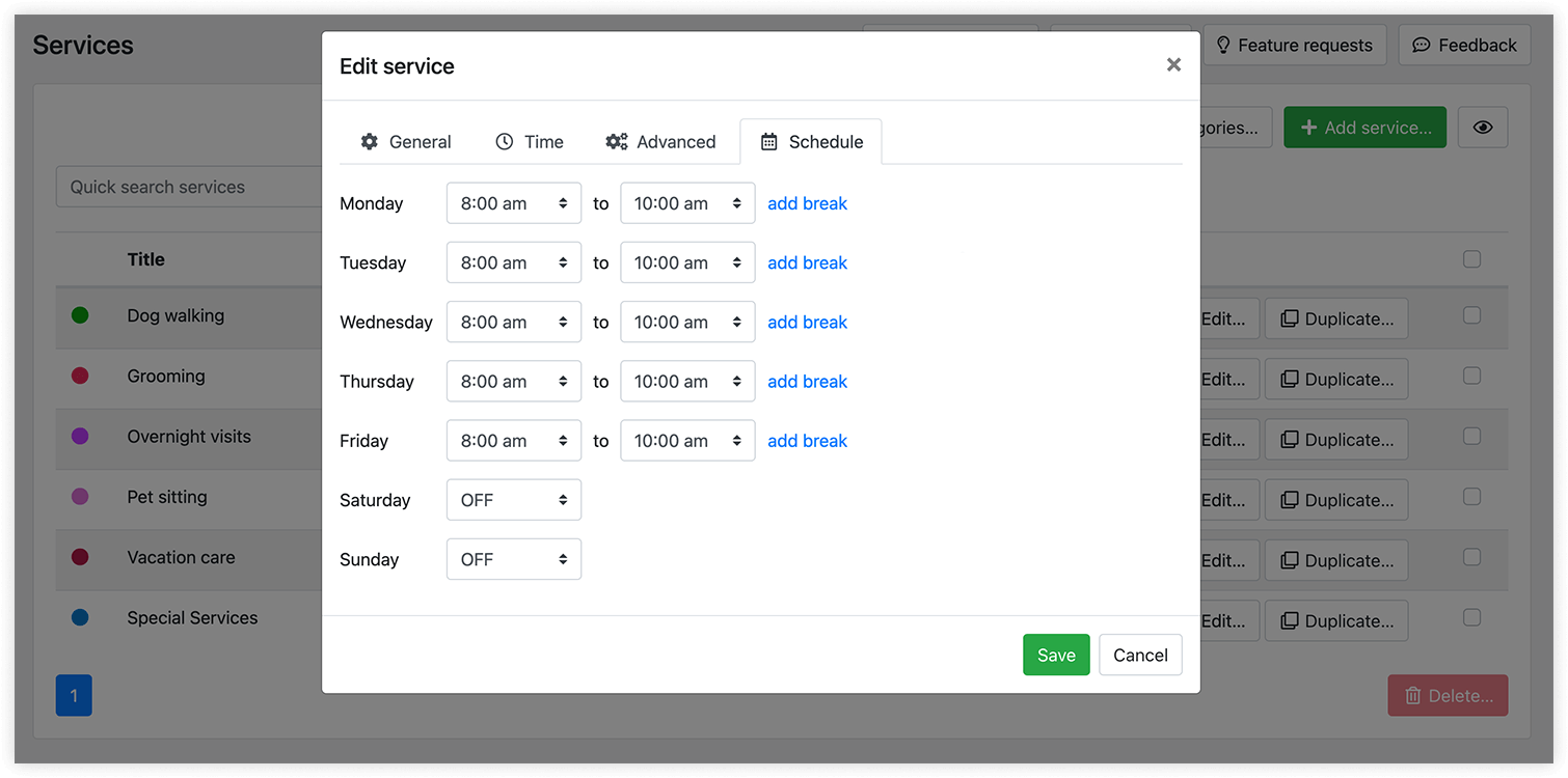 Service settings in Bookly