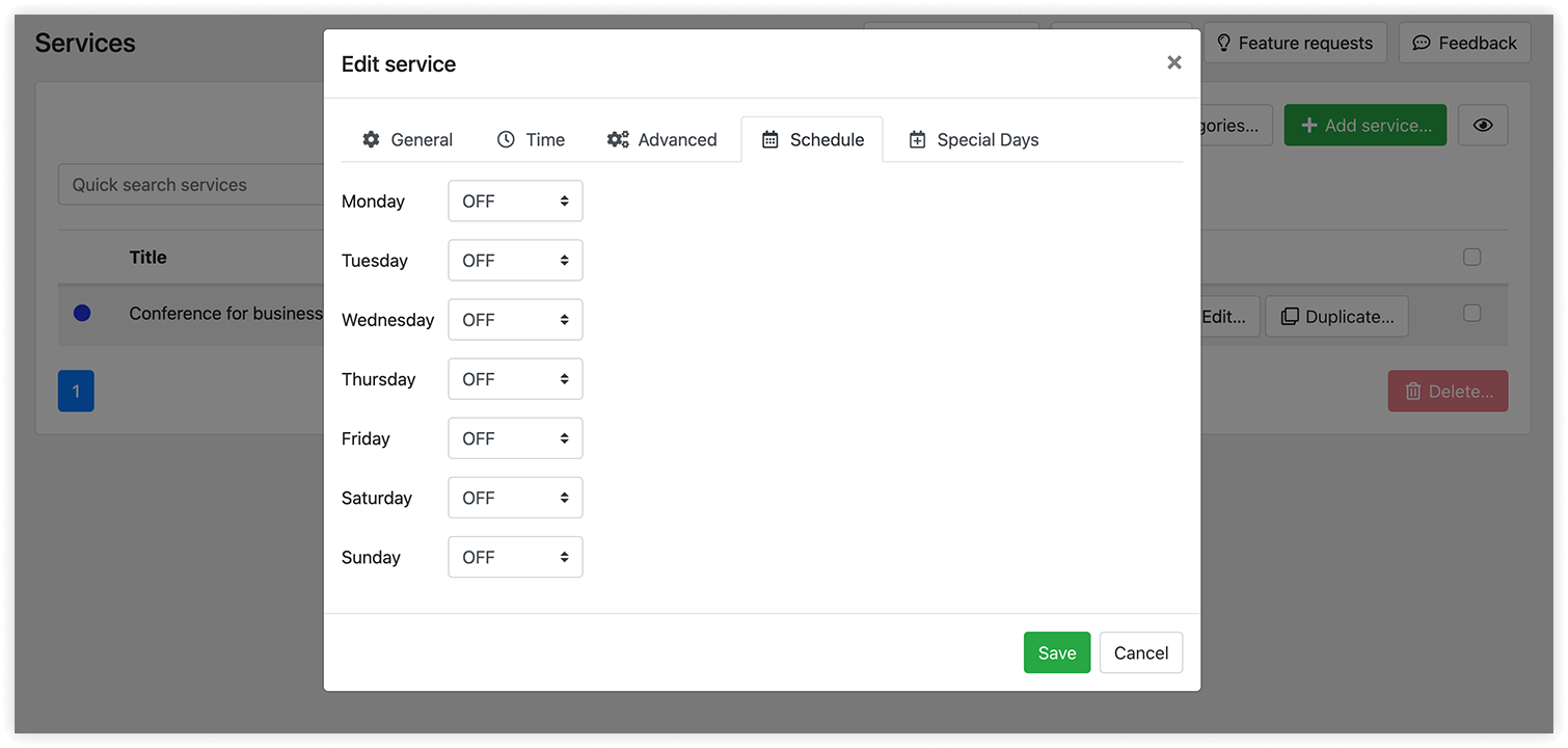 Service schedule settings in Bookly